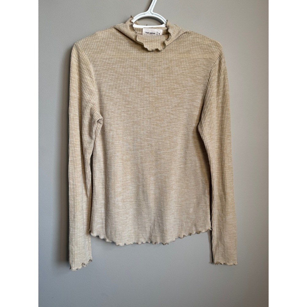 From Palmer Ribbed‎ Lettuce Edge Mock Neck Long Sleeve Top Tan Beige Women's M